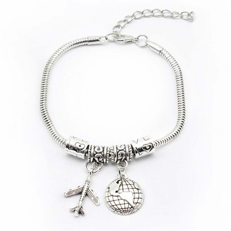 MiFaViPa Flugzeug Armband Erde Flugzeug Pandent Schmuck Armbänder für Frauen Einfache Legierung Silve Farbe Antike Armband