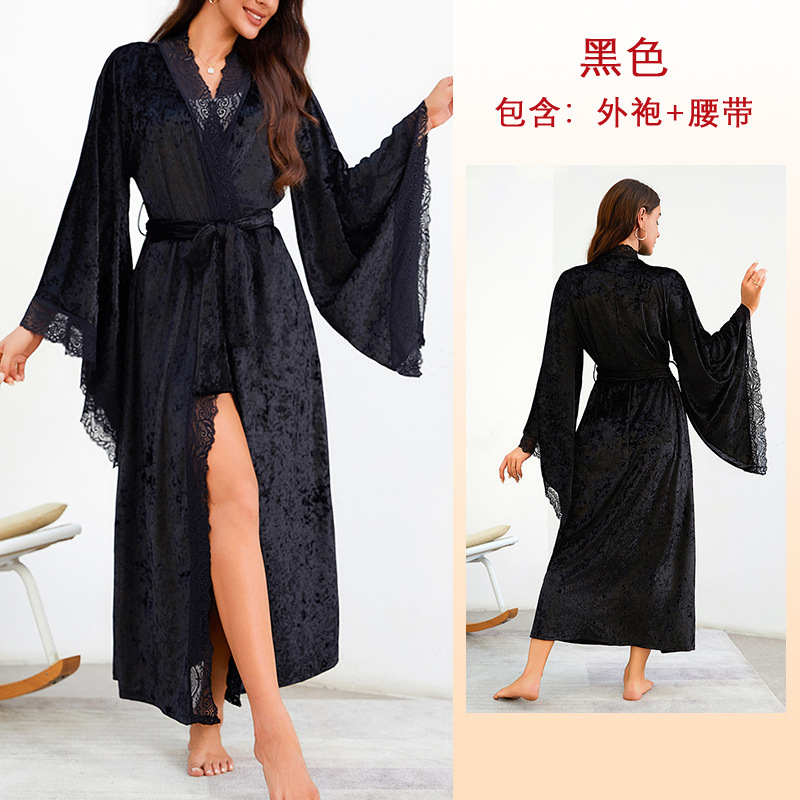 Blondekimono intimundertøy velourmorkåpe dame lang nattkjole nattøy bryllup brud fest loungewear nattøy: L / Himmelblå