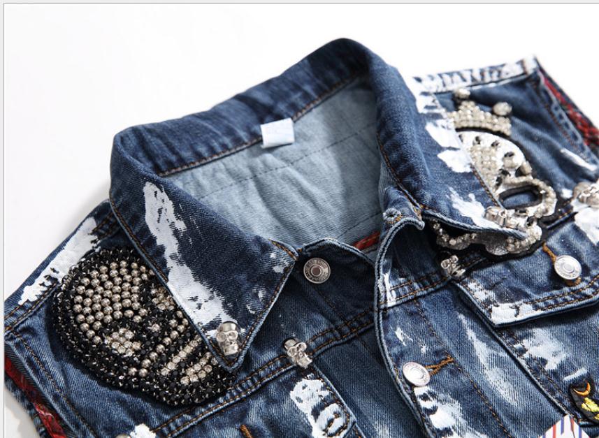 Punk Style Mens Kralen Patchwork Slim Fit Mouwloze Jassen Casual Schedel Borduurwerk Jeans Vesten Casual Print Vest J3010