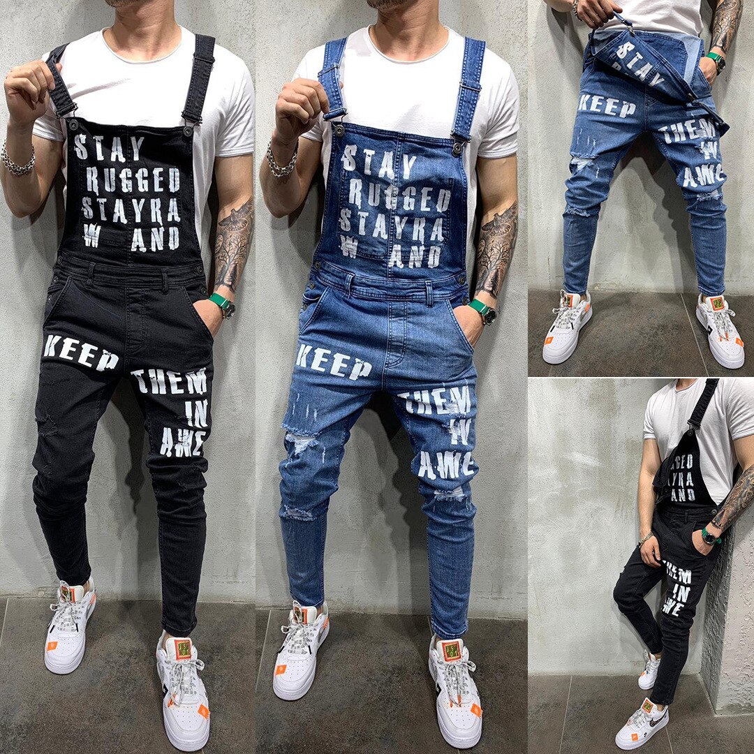 Hiphop heren gescheurde jeans denim tuinbroek met bretels voor heren s-xxxl