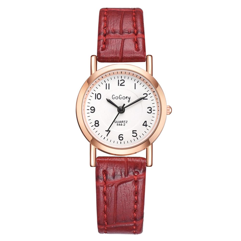 Reloj de cuarzo con esfera pequeña para mujer, cronógrafo de pulsera Retro de cuero, con escala de números simples, color marrón, femenino: Rojo