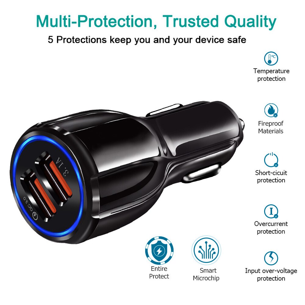 Pålitelig  qc3.0 sertifisert hurtiglading dobbel 2 usb port  qc3.0 hurtig billader 3.1a motorsykkel lader bil lighter kontakt