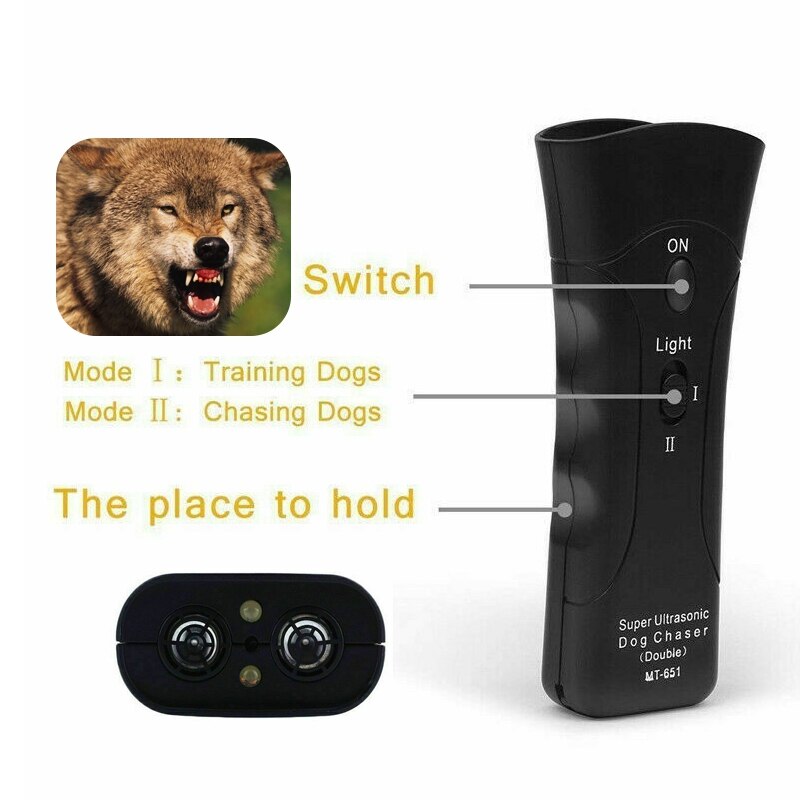 Haustier Anti Hund Bellen Haustier Trainer LED Licht Ultraschall Sanfte Verfolgungsjagd Ausbildung Doppel Kopf Trompete