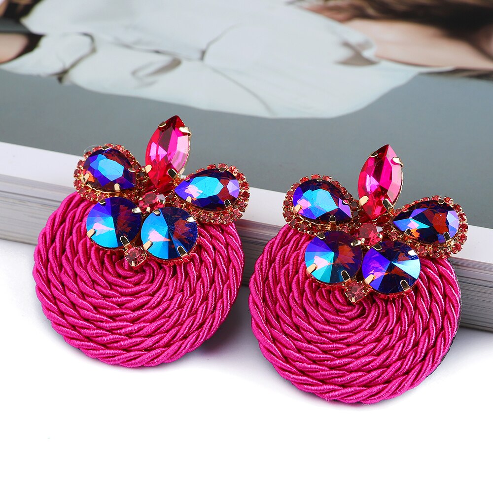 Ethnic Style Cotton Cord Weave Round Ear Accessories Vintage Sparkly Crystal Dangle Earrings For Women Luxury Jewelry: 34