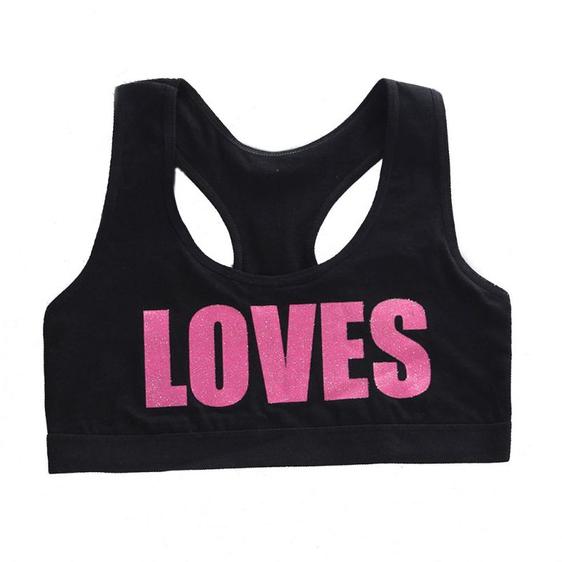 Girl Cotton Sport Training Bra Letter Print Solid Color Wide Strap Underwear Bralette: Black