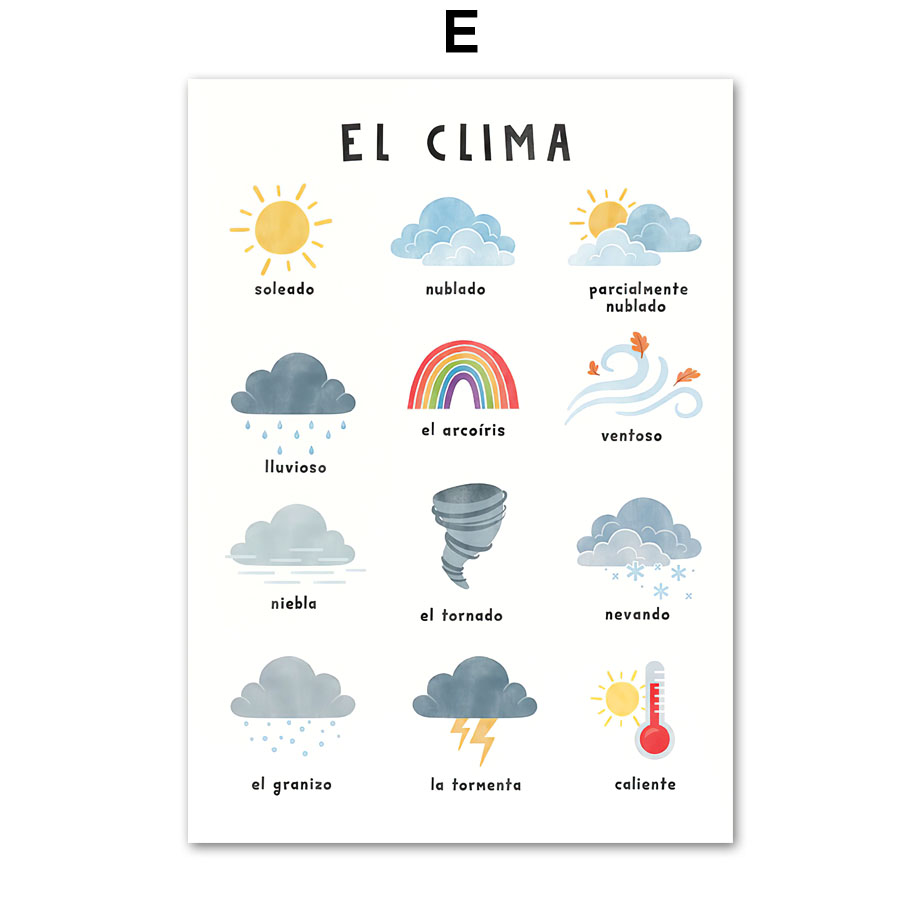 Alfabeto español educativo, números, clima, arte de pared para guardería, pintura en lienzo, carteles e impresiones, imagen para decoración de habitación de bebés y niños: Morado / 16x24