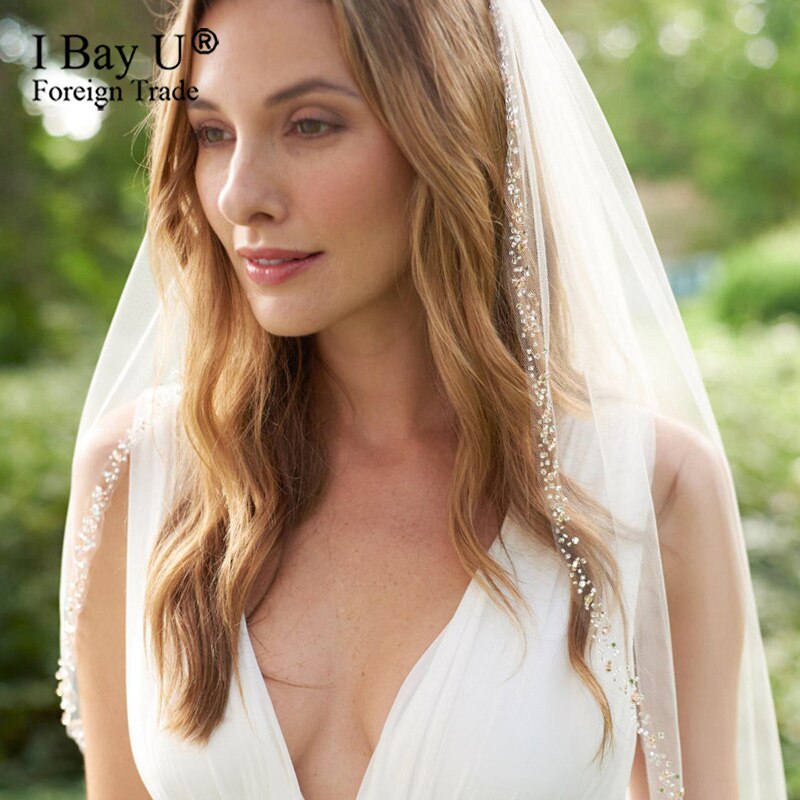 Roségouden kralenrand bruidssluier handgemaakte blush kralen kristal bruidssluier ivoor tule vingertop sluier bruidsaccessoire