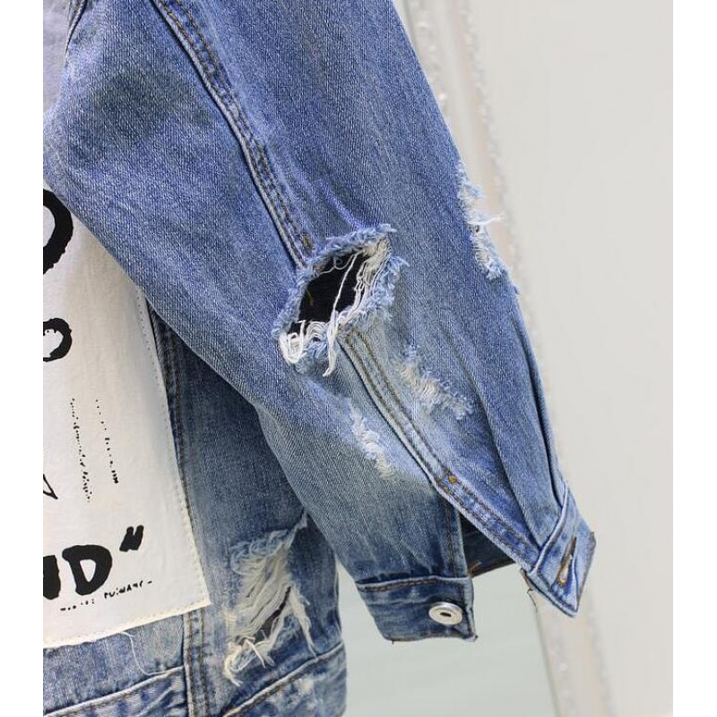 RUGOD Basic Coat Bombers Vintage Fabric Patchwork Denim Jacket Women Cowboy Jeans Autumn Frayed Ripped Hole Jean Jacket