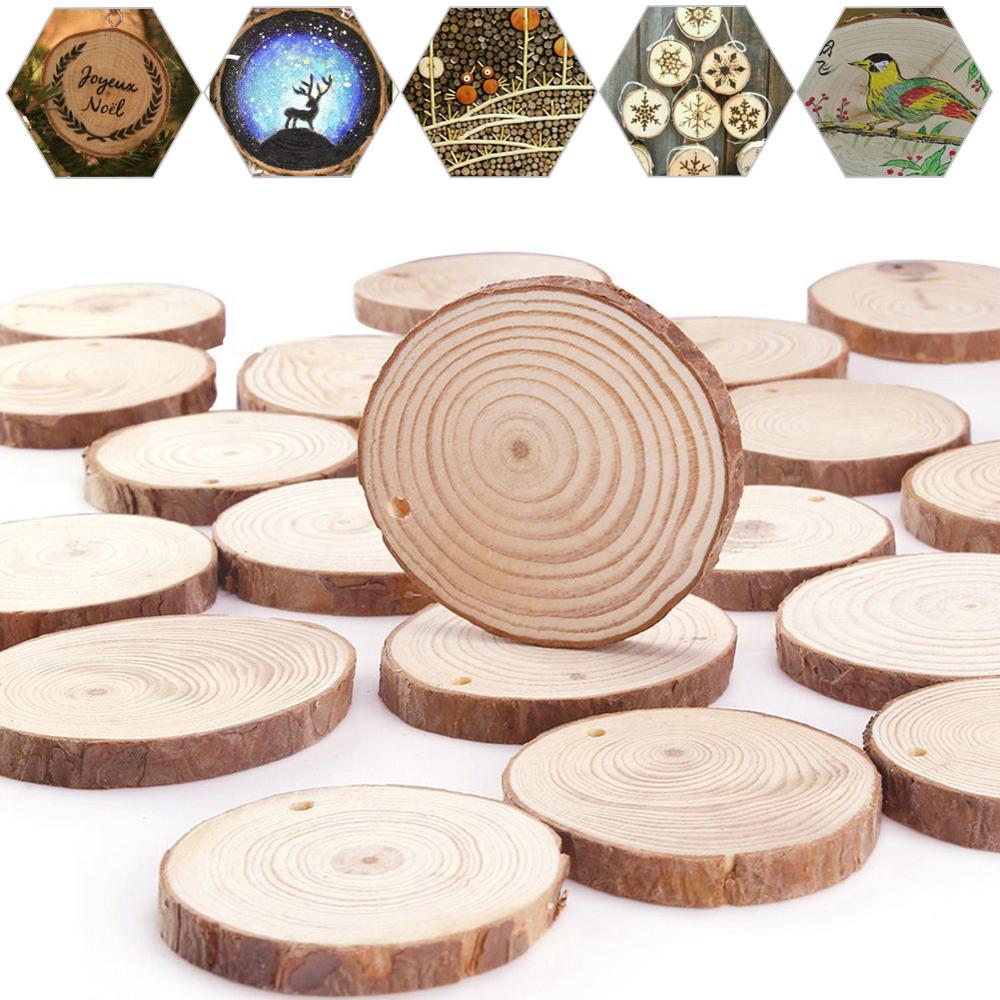 Perforadas decorativas naturales Rodajas de madera círculos con discos de troncos de corteza de árbol para decoración de pintura de de boda artesanal DIY