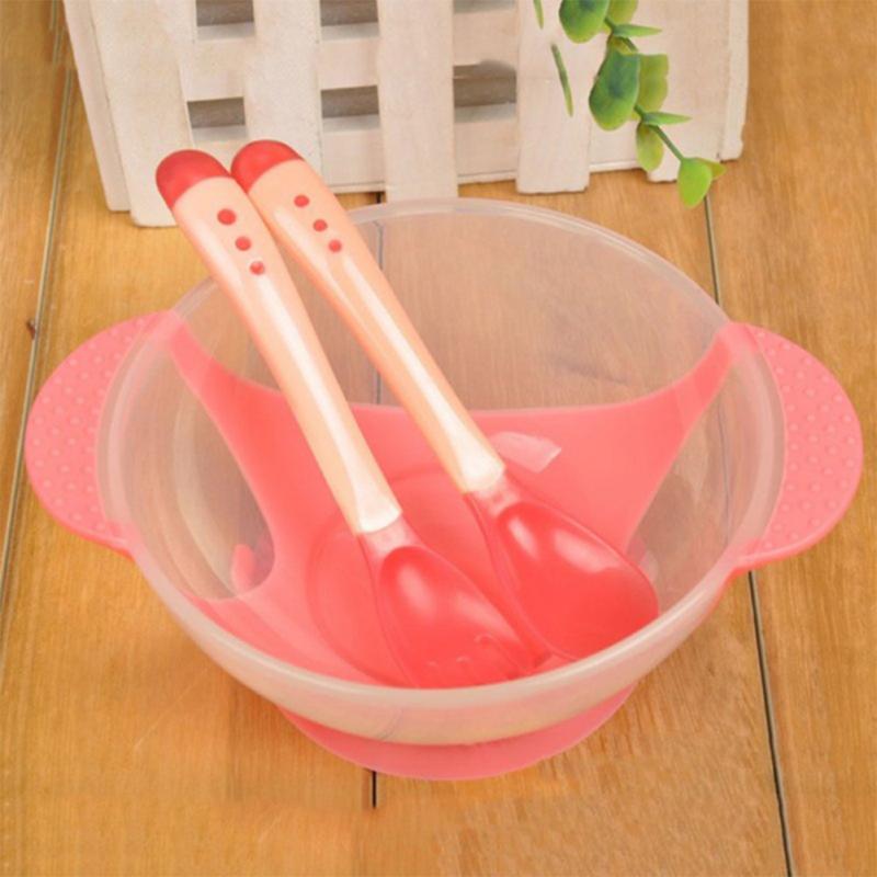 Cuenco de alimentación para bebé, juego de tazón con ventosa, cuchara con detección de temperatura, vajilla para bebé, platos de aprendizaje, tazón de comida para niños: 3 PC Red