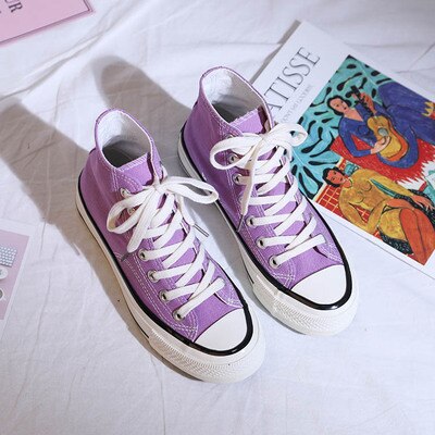Flickskor avslappnad lavendel ljus lila vackra sneakers alla matchar enfärgad snörning platt klack canvas skor studenter 35-40: Hög / 36