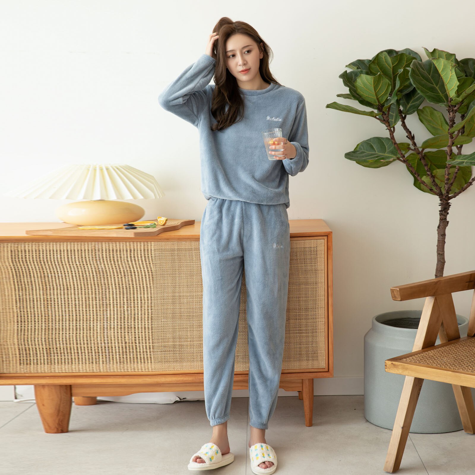 Winter Thick Warm Female Elastic Waist Thick Warm Sleepwear Homewear Autumn Women Sleepwear Autumn Winter Flannel Pajama Set