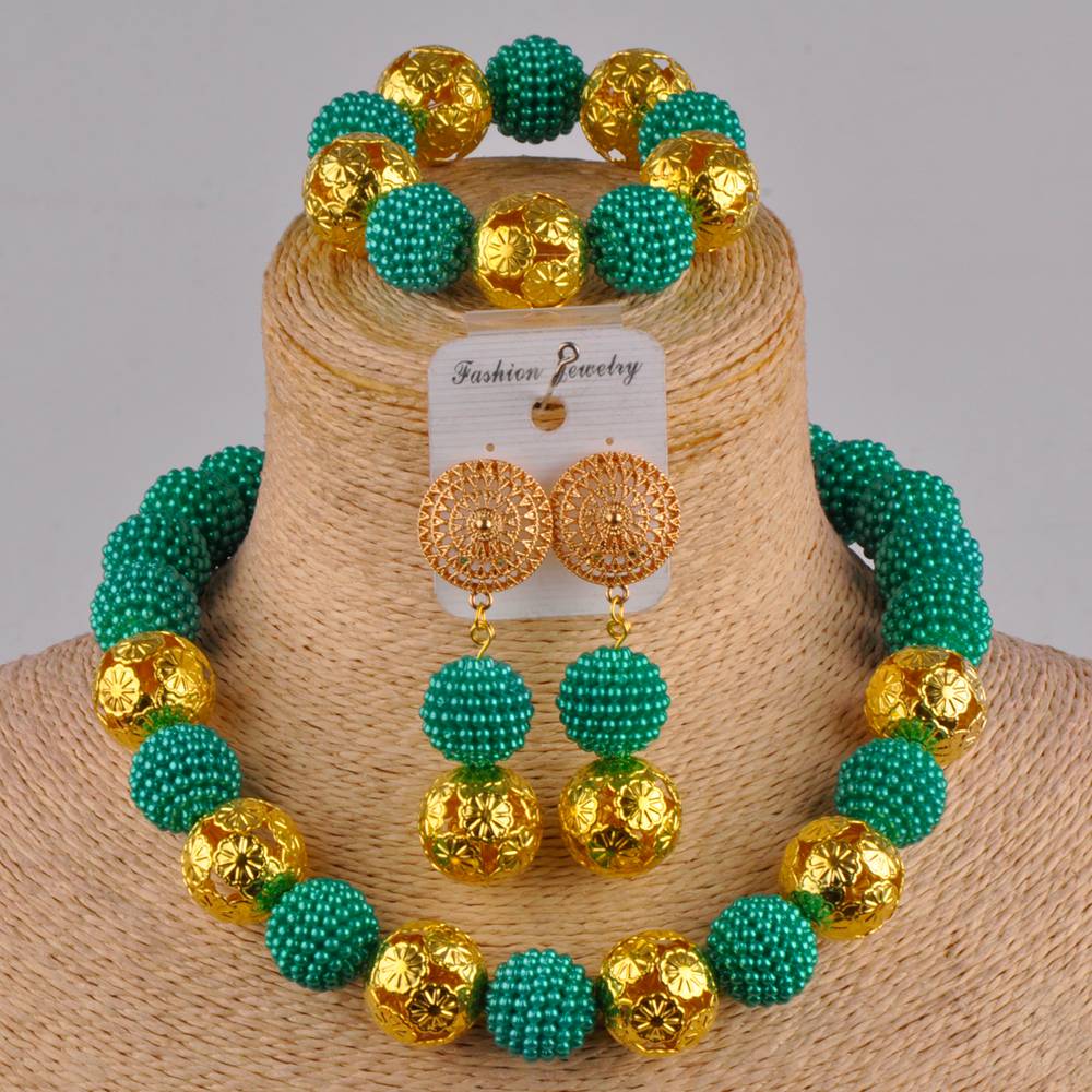 Klassieke nigeriaanse trouwsieraden, afrikaanse bruidsjurkaccessoires, perzikkleurige imitatieparelkettingset (az -77): Legergroen