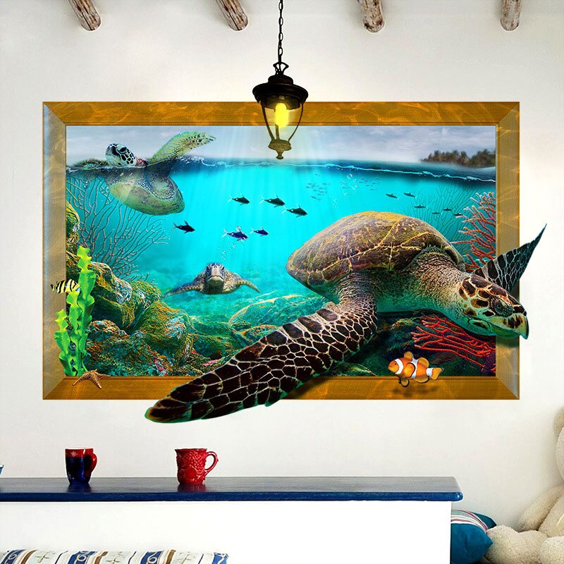 3d blå hav verden skildpadde væg klistermærke fisk mærkater koral hus dekoration til børneværelse gulv stue tapet hjem indretning
