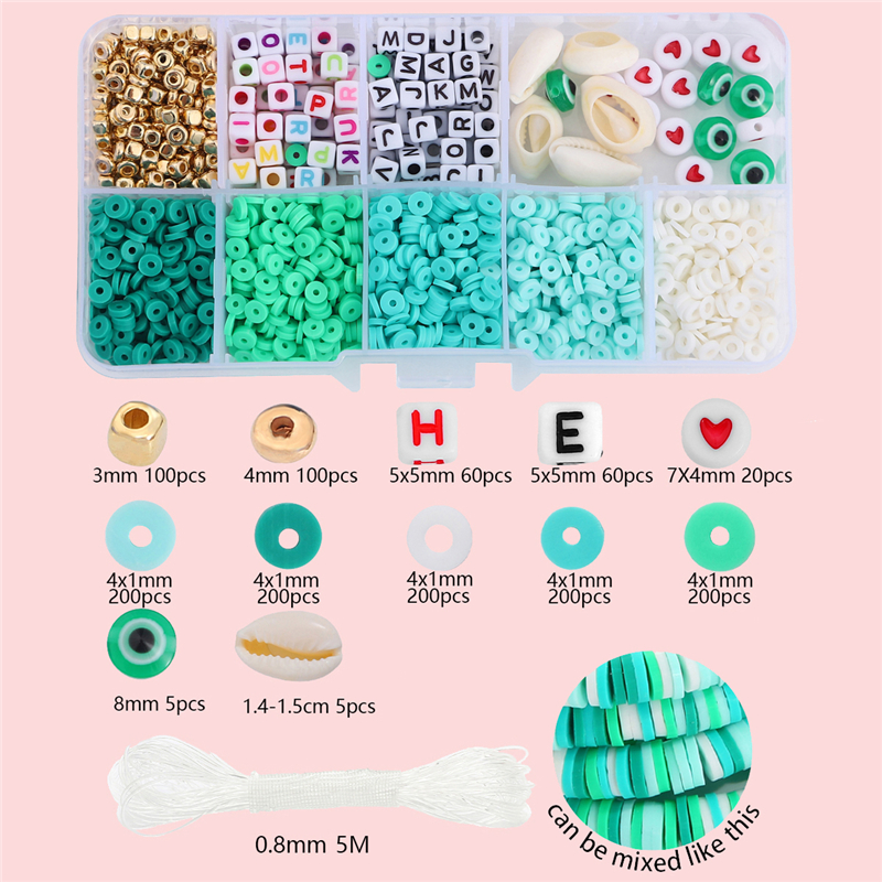 10-Gitter-Kasten-Perlen-einstellen, Polymer-Tonne, Acryl, Buchstaben-Rocailles, Schmuckherstellungsset, elastische Kordel für Mädchen und freundlicher, DIY-Armbinde: Grün
