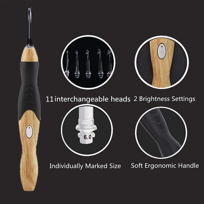11 Sizes Lighted Crochet Hooks Set - Light Up Crochet Hooks,Rechargeable Crochet Hook with Light,2.5mm to 8mm