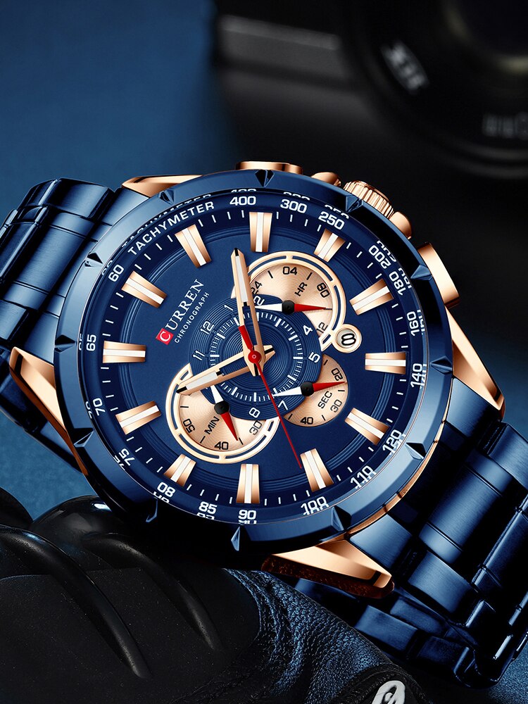 CURREN Casual Sport Chronograaf Heren Horloges Roestvrij Stalen Band Horloge Grote Wijzerplaat Quartz Klok met Lichtgevende Pointers