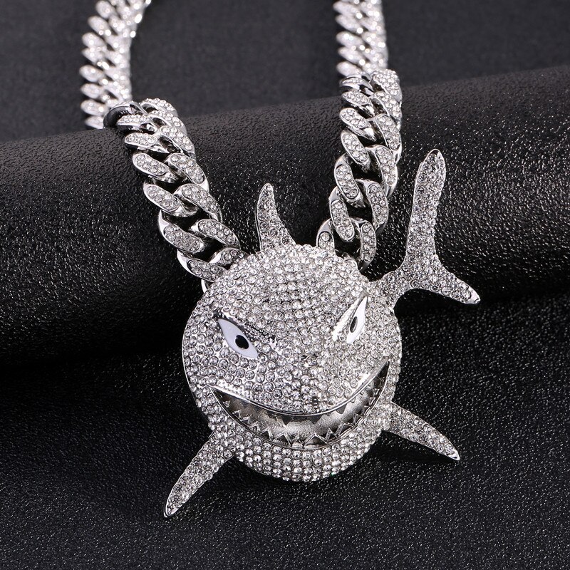 Hip Hop Big Shark Pendant Necklace Pave Bling Cubic Zircon Party Jewelry With Big Iced Out Crystal Miami Cuban Link Chain: silver cuban chain