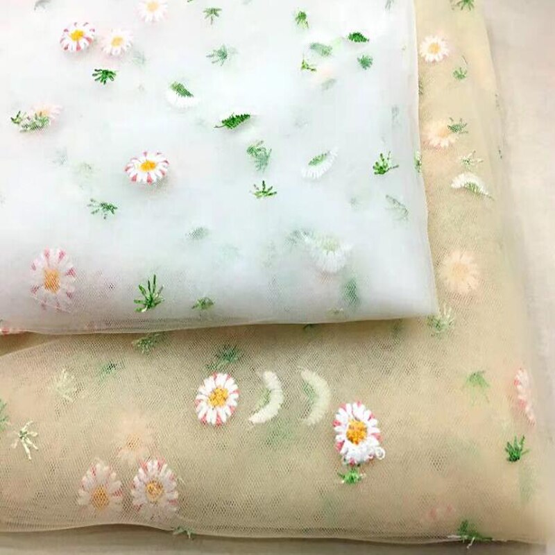 Kleine madeliefjesbloem mesh borduurstof franse netkantstof doe-het-zelf gordijnjurk kinderkleding babykleding tule stof