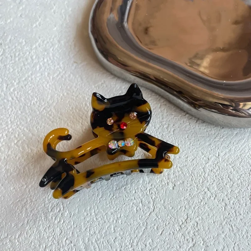 Pinza para el pelo de gato con diamantes de imitación para mujer y niña, pinzas para el pelo de acetato con dibujos de animales, gatito y cangrejo, accesorios para el cabello Kawaii: Borgoña
