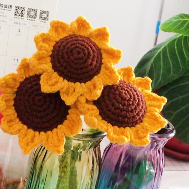 Fil de tournesol fait à la main fleur Bouquet Simulation Crochet tricot tissé à la main crochets de tournesol et accessoires de tricot décor