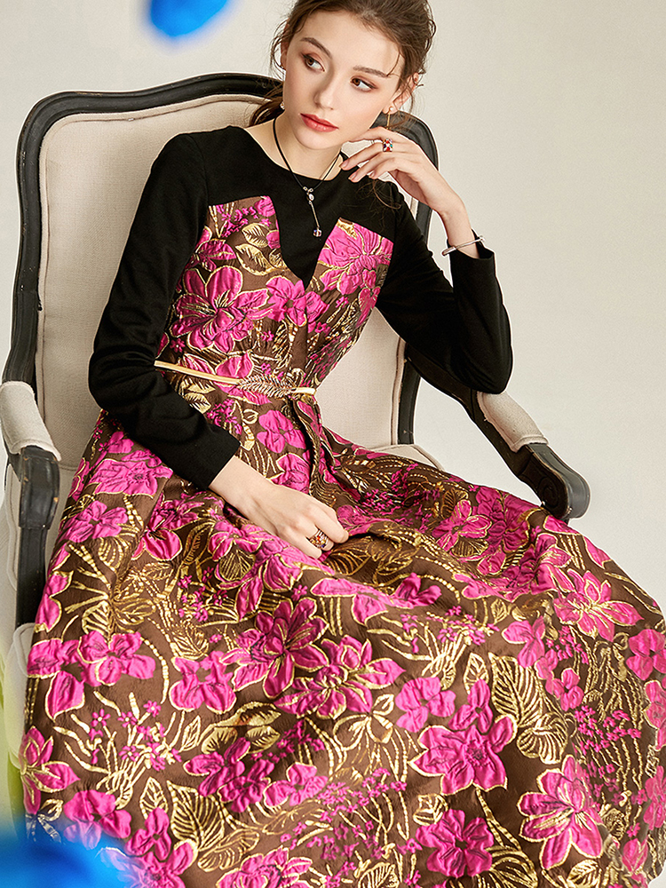 DEVCHATA Vintage Dames Jacquard Jurk Elegante Avondjurken Gesplitst ​ ​ Lente herfst bloemen bal lange jurk: XXL