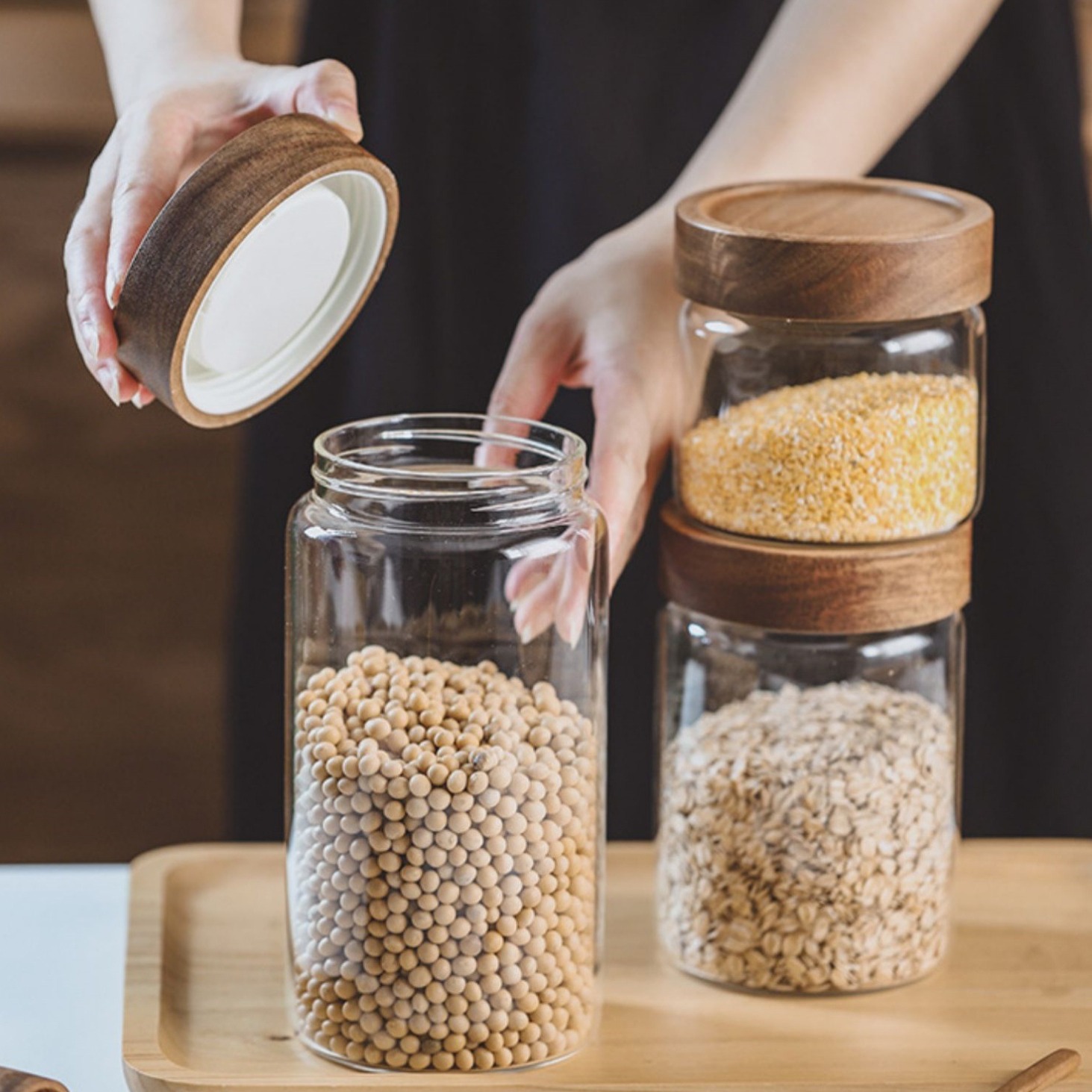 Neue kleine Vorratsdosen aus Glas mit luftdichten Deckeln, Kaffeebehälter mit Holzdeckel, Glas-Speisekannen für Bohnen, Reis, Zucker