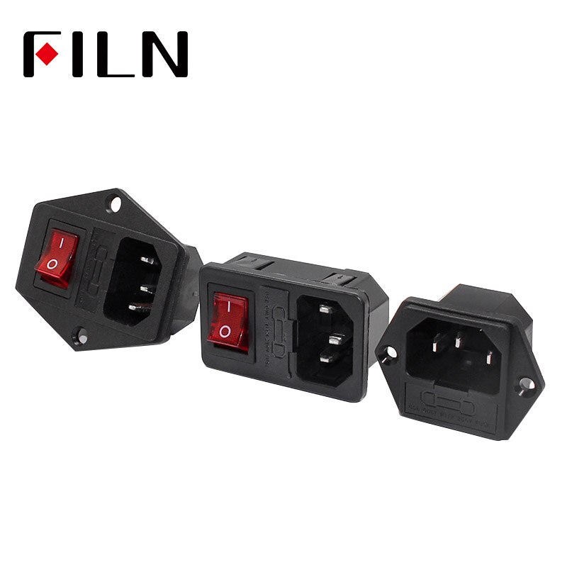 3 Pin iec320 C14 inlet connector plug power socket 250v rocker switch socket red lamp 10A fuse holder socket male connector