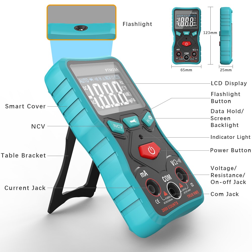 Protmex PTM19A Digitale Smart Multimeter, LCD Display True-RMS Multitester AC DV Spannung Strom Widerstand Tester