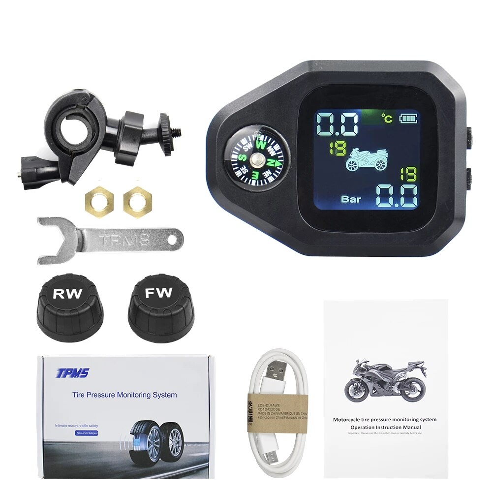 Original Wireless Motorcycle TPMS Tire Pressure Monitoring System Motor Tyre LCD Display Internal or External TH/WI Sensors