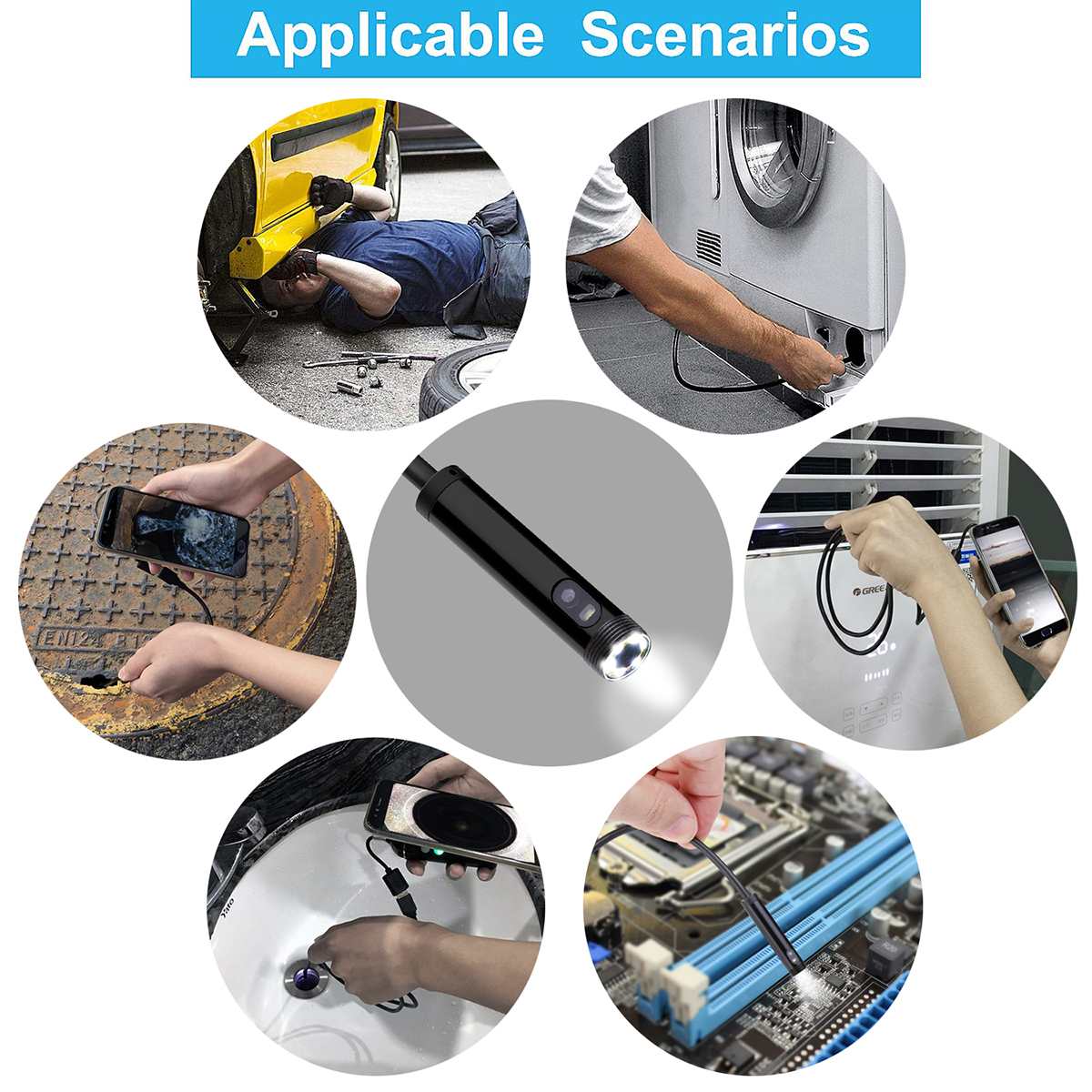 720P 3in1 Dual USB Endoscope Camera 2m 5m 10m Hard Cable Snake Inspection Camera 8mm 6 LED Borescope for Android PC Endoscope