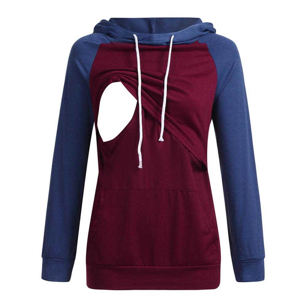 Dam t-shirt vård långärmad patchwork toppar amning hoodie sweatshirt t-shirt