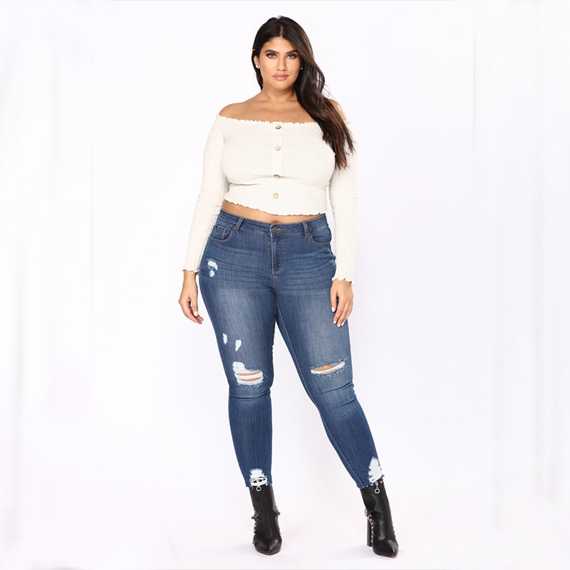 Pencil Blue Denim Pants Woman Ripped Hole Washed Jeans Female Big Hip Plus Size 7X Trousers