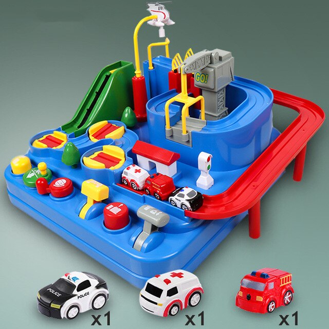 2 in 1 Manual Car Adventure Track Toys for Children Rescue Vehicles Adventure Toys Racing Tracks Rail Car Toys for Boys: Blue C Set