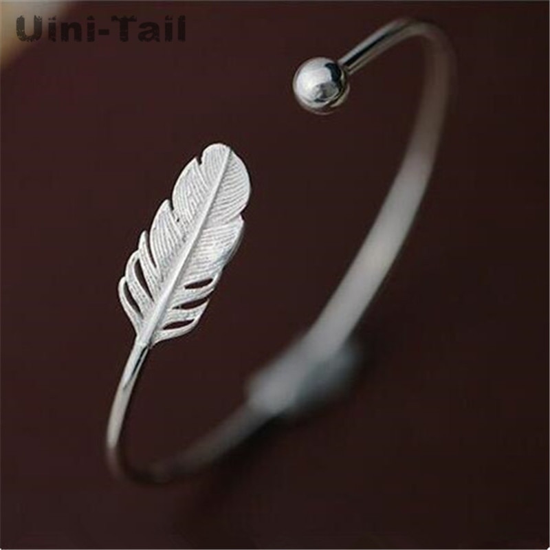 925 Silver Feather Opening Bracelet Women Temperament Bracelet Sweet Feather Bracelet