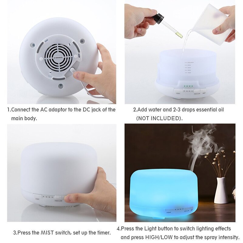 500ml Ultrasonic Air Humidifier Aroma Diffuser with 7 Color Lights Electric Aromatherapy Essential Oil Aroma Diffuser Mist Maker