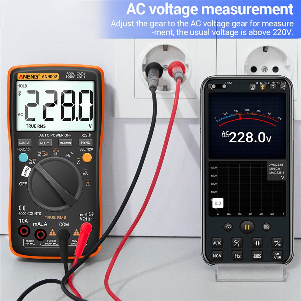Wireless Bluetooth Digital Multimeter RMS Manual/Auto Strong Toughness Electric Portable Range Voltmeter Ammeter