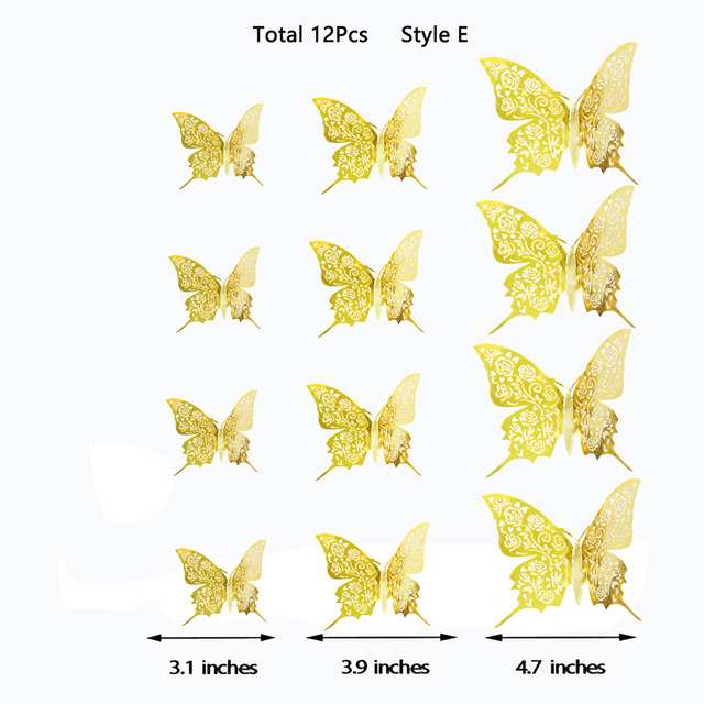 3D Royal Blue Hollow Paper Rose Flower Butterfly Wall Sticker Living Home Decoration Wedding Butterflies Decals: Gold Style E