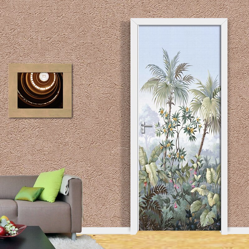 3D Behang Tropische Bladeren Bloemen Deur Sticker Woonkamer Keuken Pvc Waterdicht Muurstickers Zelfklevende Deur Poster