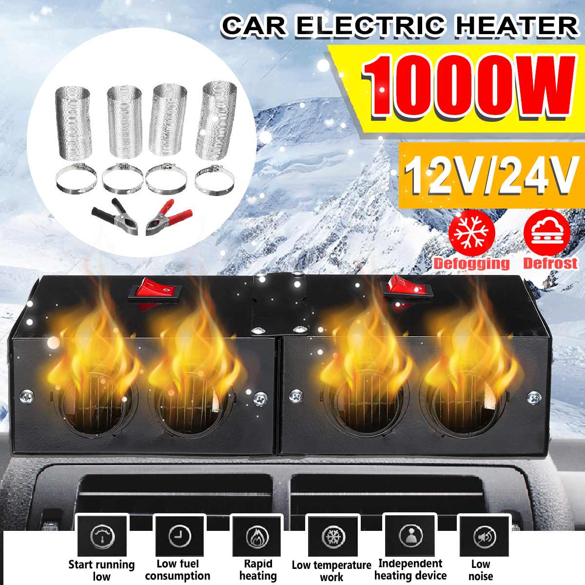 Podgrzewacz samochodowy 1000W 12V/24V PTC wentylator samochodowy nagrzewnica powietrza 4 otwór stała temperatura ogrzewanie ogrzewanie postojowe szyba przednia Demister odmrażacz