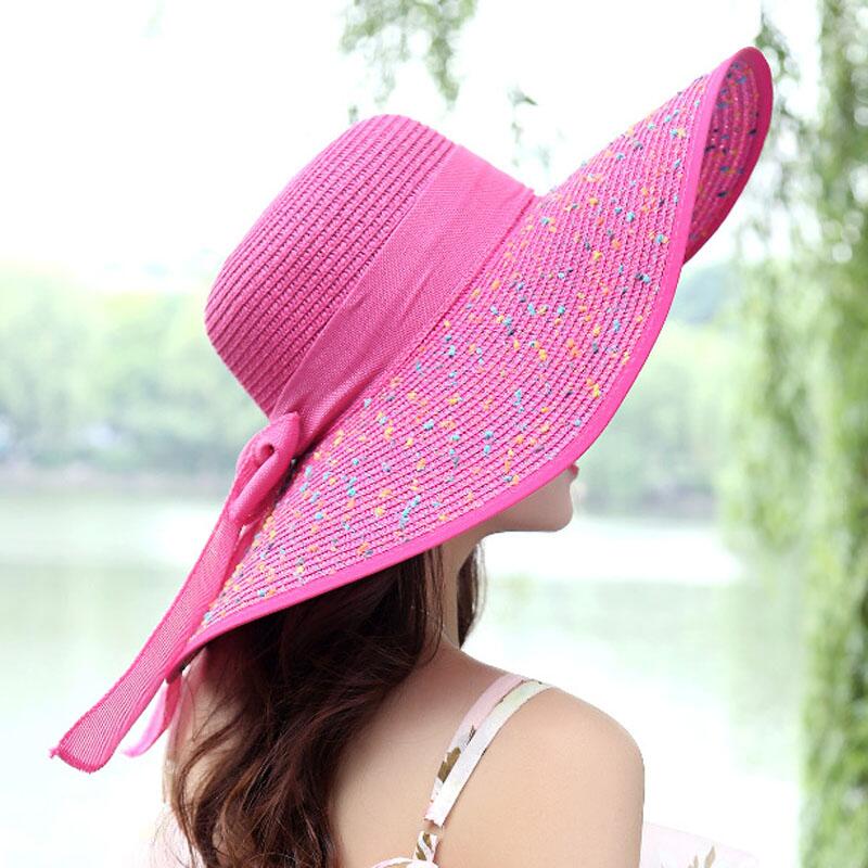 Jiangxihuitian-sombreros de playa para mujer, gorros plegables de gasa flexible para el sol, sombreros informales con lazo,: Rose red