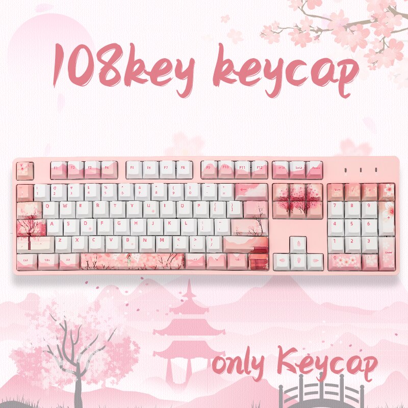 Pink Cherry Blossom Keycaps Cherry Profile Dye Sub PBT Keycap For GMK Cherry MX Switch 61/87/104/108 Mechanical Keyboar