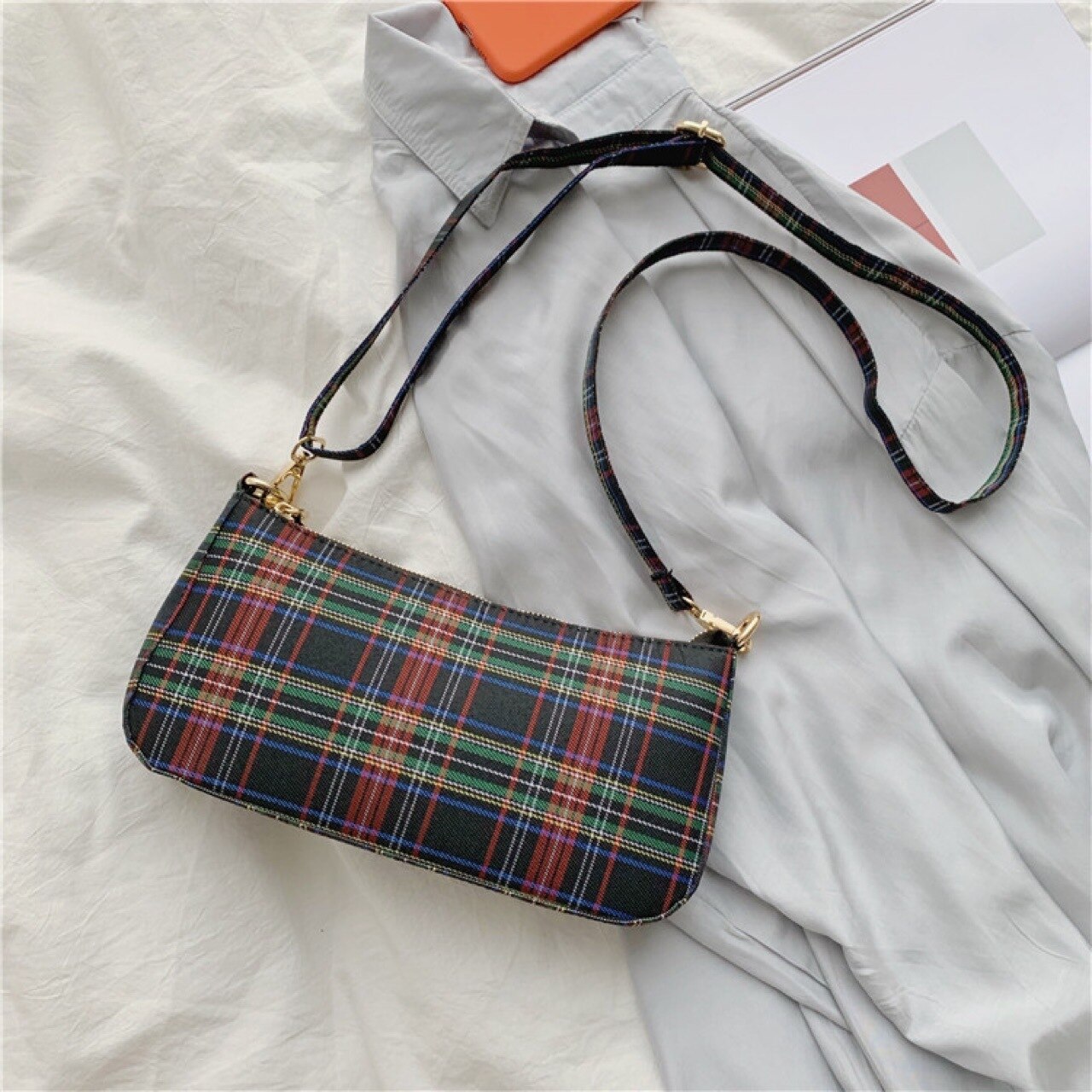 Gusure vintage retro taschen damen hand tasche Französisch plaid rote tasche frau elegante bolsa feminina schulter tasche: Black Green