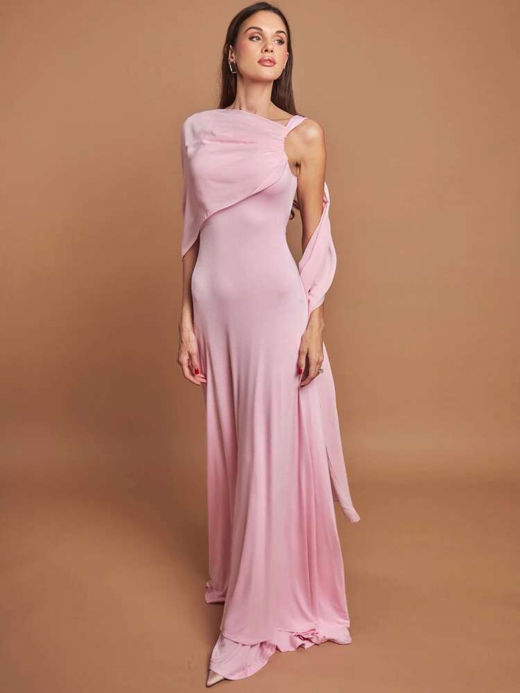 Mozision rosa cape-ärm sexig maxiklänning för kvinnor off shoulder rygglös klänning sned krage snörning lång klänning vesti
