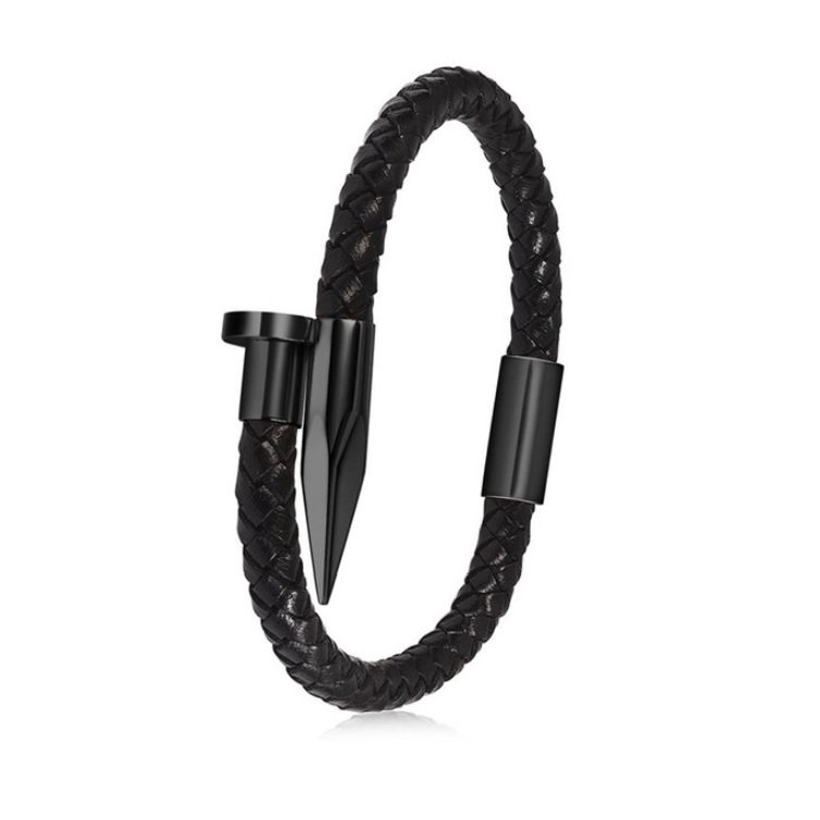 Angemiel heren leren zwarte mesh nagel titanium armband