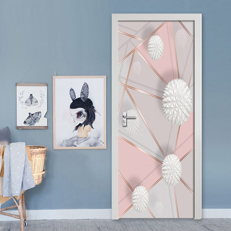 Removable Door Stickers 3D Geometric Marble Stitching Waterproof Living Room Bedroom Door Wallpaper Self Adhesive Wall Decals