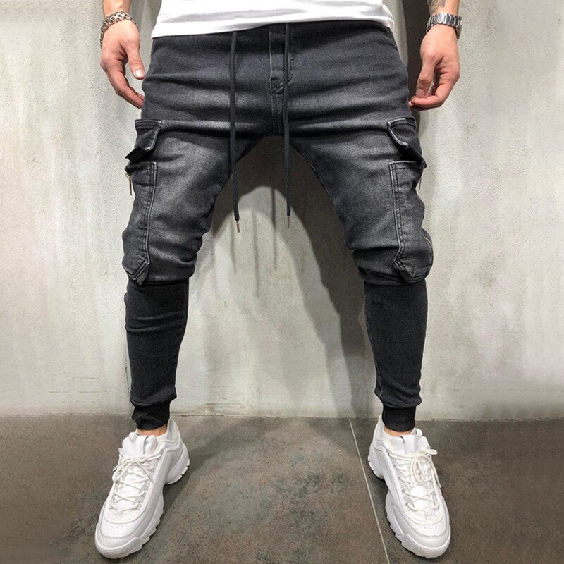 Jean homme avec poche pantalons décontractés jean pour homme vêtements Hip Hop sarouel jean homme pantalon de sport Joggers # w