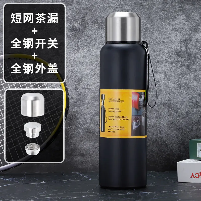 500/1000/1500ml kubek termiczny ze stali nierdzewnej o dużej pojemności sportowa butelka na wodę termos przenośnych kubek z izolacją z liną: czarny / 101-200ml