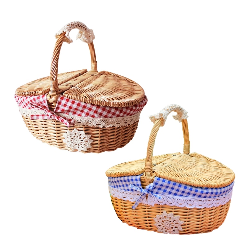 Rattan Outdoor Picnic Basket Country Style Wicker Hamper with Lid and Handle Liners Food Fruit Storage Carrying