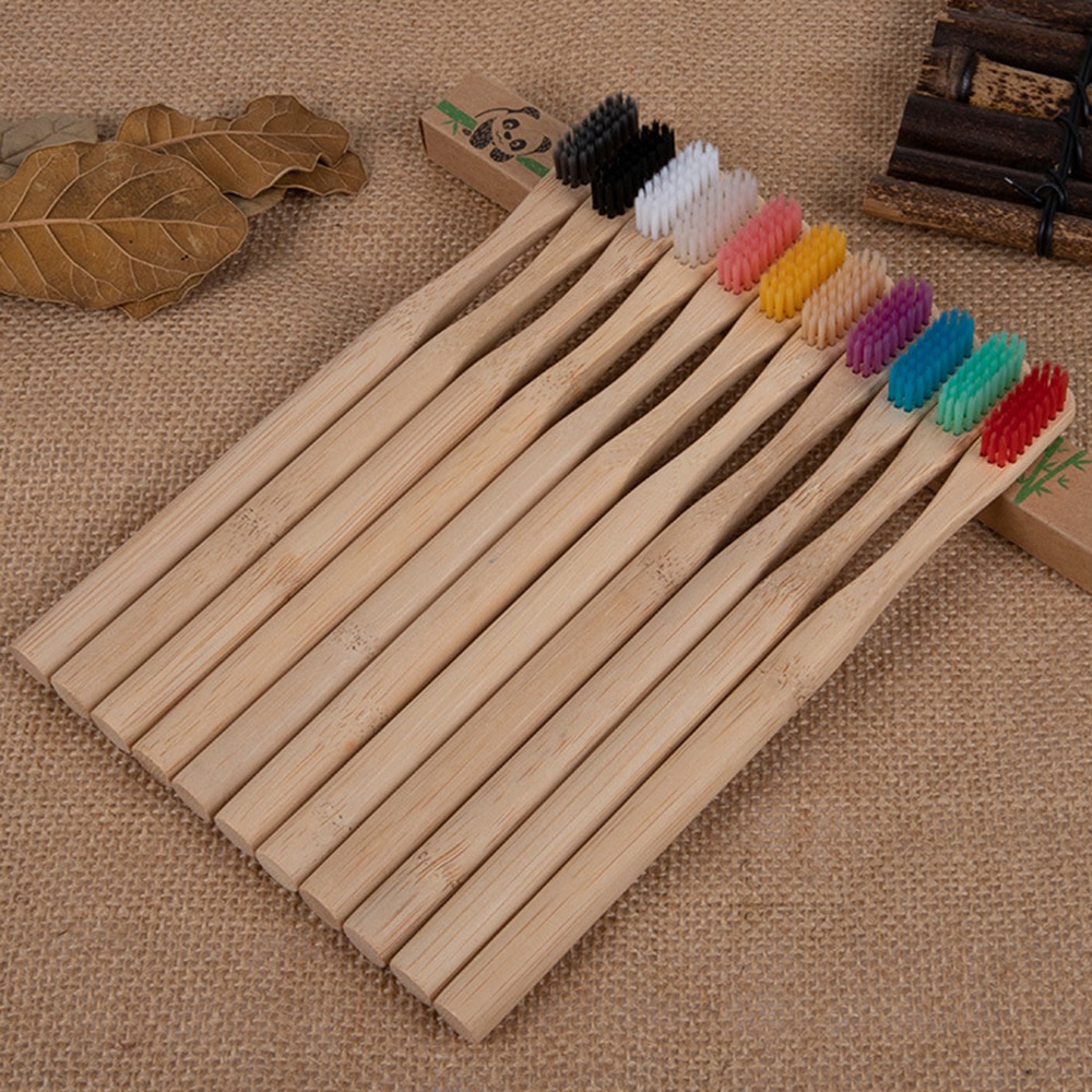 10Pcs Natural Toothbrush Eco-Friendly Rainbow Bamboo Medium Bristle Biodegradable Teeth Brush Solid Bamboo Handle Toothbrush